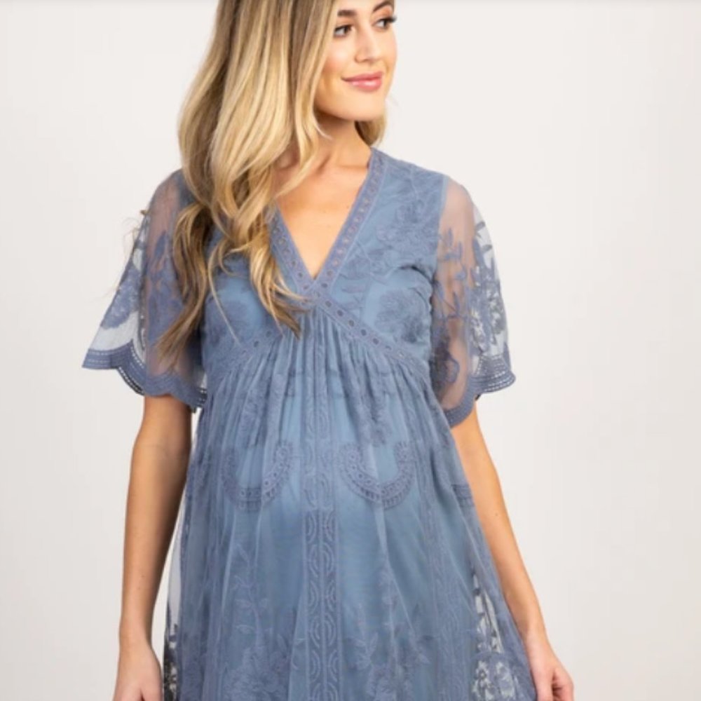 PinkBlush Blue Lace Mesh Overlay Maternity Maxi Dress Boho